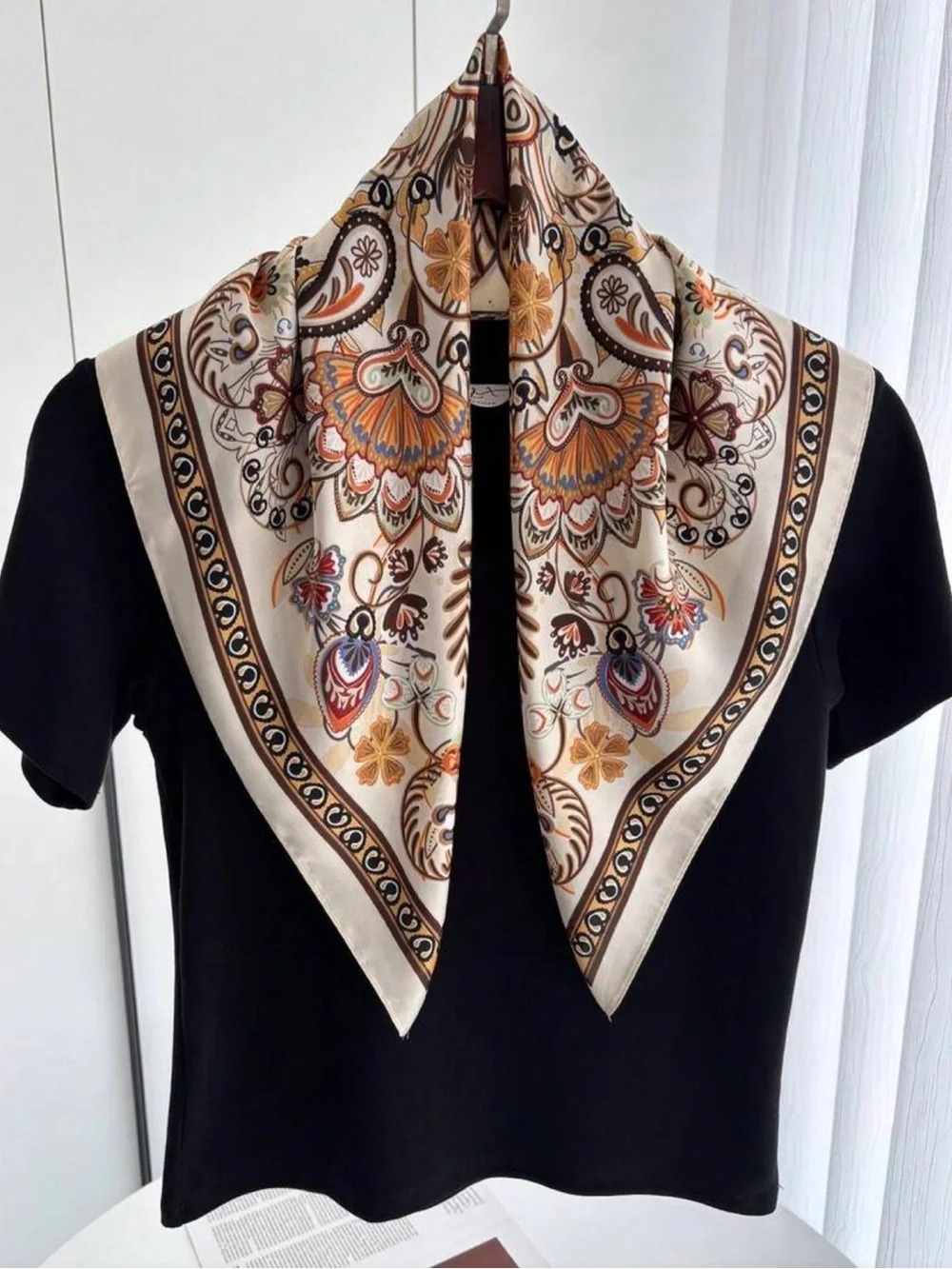 Elegant Khaki Paisley Silk Scarf - Women Accessories 27.5”